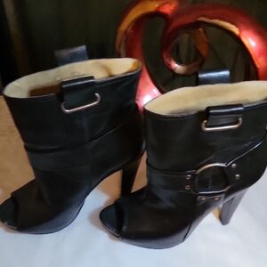 Jessica Simpson Black Leather Peep Toe Buckle Boots | Size 8